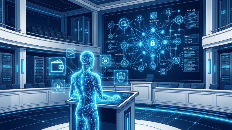 Futuristic digital courtroom showing an AI agent with authorization tokens, OAuth credentials, and audit logs in blue and white ByteIota brand colors