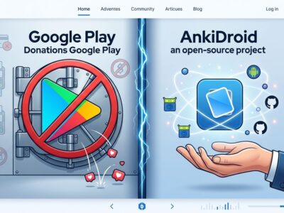 Split-screen showing Google Play blocking AnkiDroid donation link versus F-Droid open alternative