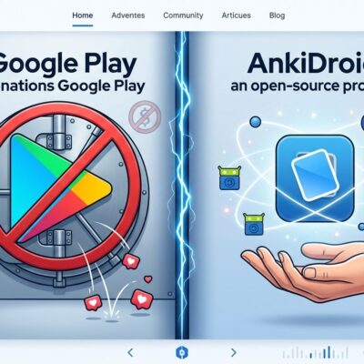 Split-screen showing Google Play blocking AnkiDroid donation link versus F-Droid open alternative