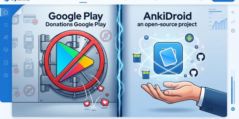 Split-screen showing Google Play blocking AnkiDroid donation link versus F-Droid open alternative