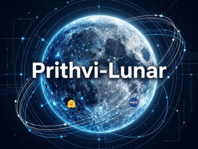 Visualization of the NASA IBM Prithvi-Lunar open-source foundation model showing lunar surface data with neural network overlay