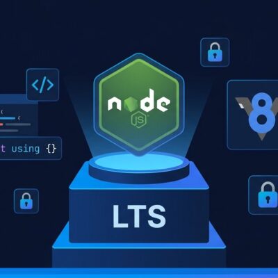 Node.js 24 LTS Krypton release illustration showing LTS podium with V8 and OpenSSL upgrade symbols