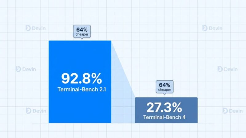 Bar chart comparing SWE-2 benchmark scores: 92.8% Terminal-Bench 2.1 vs 27.3% Terminal-Bench 4, illustrating the coding model cost-performance story