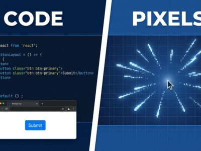 Split-screen showing coded React interface on left versus Runway Solaris pixel-rendered frame-by-frame interface on right