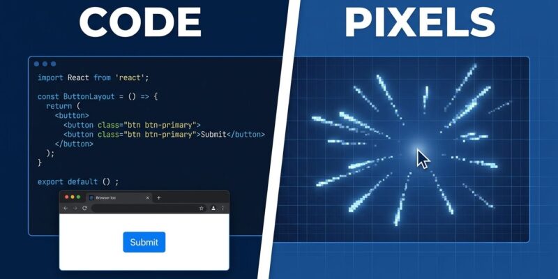Split-screen showing coded React interface on left versus Runway Solaris pixel-rendered frame-by-frame interface on right