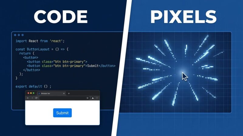Split-screen showing coded React interface on left versus Runway Solaris pixel-rendered frame-by-frame interface on right
