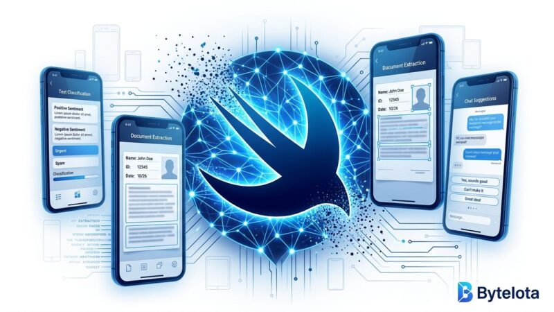 Swift logo with neural network lines and iPhone silhouettes representing iOS 27 Foundation Models on-device AI framework