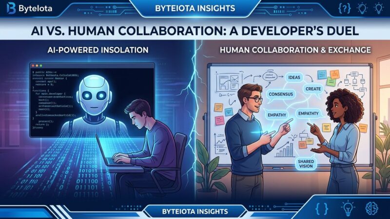 Split-screen showing AI-assisted solo developer on left versus two developers collaborating at a whiteboard on right, representing the Waymo Effect on team collaboration