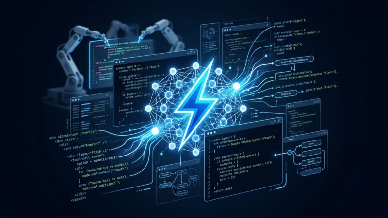 Gemini 3.8 Flash AI agent model interface showing code execution and neural network nodes in blue and white