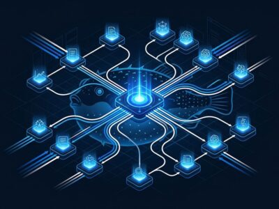 Sakana Fugu Max multi-agent orchestration network diagram with blue nodes and white connections on dark background