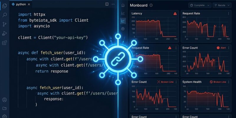 Python code dashboard showing httpx to httpx2 migration with broken monitoring graphs representing silent observability failure in Anthropic SDK 1.0