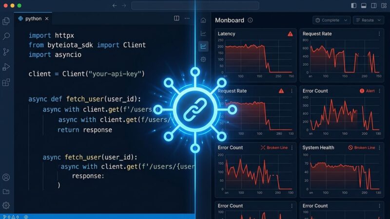 Python code dashboard showing httpx to httpx2 migration with broken monitoring graphs representing silent observability failure in Anthropic SDK 1.0