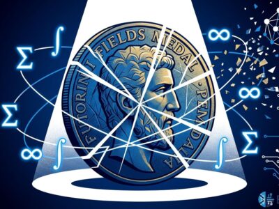Fields Medal coin with mathematical symbols and AI circuit patterns fracturing apart, representing the misalignment between AI benchmarking and mathematical understanding