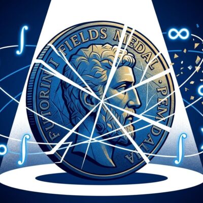 Fields Medal coin with mathematical symbols and AI circuit patterns fracturing apart, representing the misalignment between AI benchmarking and mathematical understanding