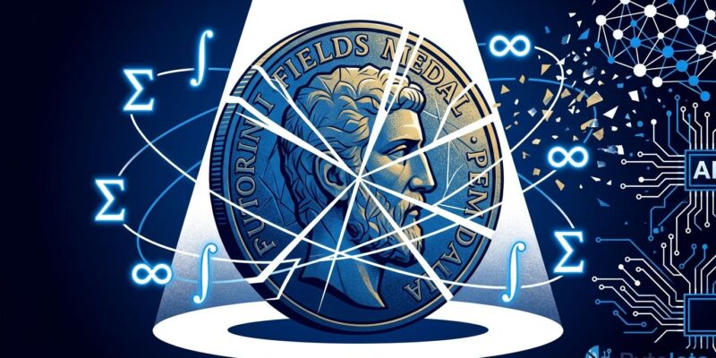 Fields Medal coin with mathematical symbols and AI circuit patterns fracturing apart, representing the misalignment between AI benchmarking and mathematical understanding