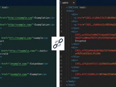 Split-screen comparison showing clean readable URLs on the left versus encrypted CAES goto tokens on the right in a code editor