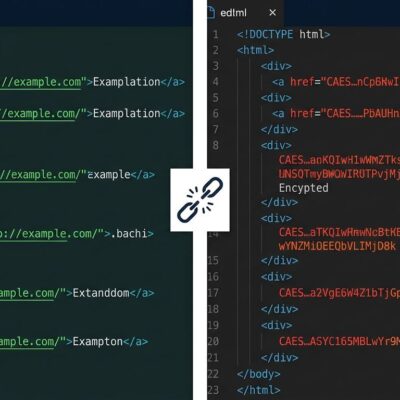 Split-screen comparison showing clean readable URLs on the left versus encrypted CAES goto tokens on the right in a code editor