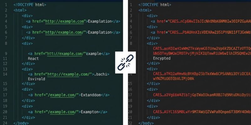 Split-screen comparison showing clean readable URLs on the left versus encrypted CAES goto tokens on the right in a code editor