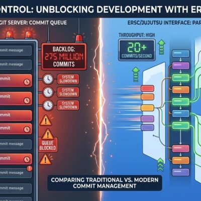 Split-screen showing traditional Git server with commit backlog on left versus ERSC Jujutsu parallel streams on right