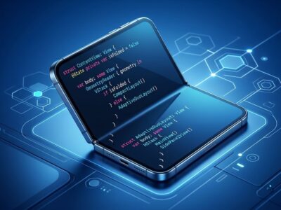 iPhone Duo foldable iPhone showing SwiftUI code on inner screen with adaptive layout concept