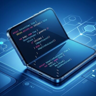 iPhone Duo foldable iPhone showing SwiftUI code on inner screen with adaptive layout concept