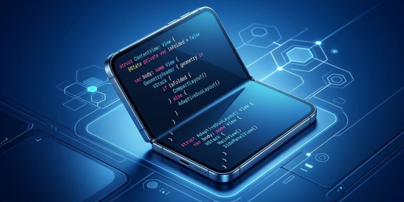 iPhone Duo foldable iPhone showing SwiftUI code on inner screen with adaptive layout concept