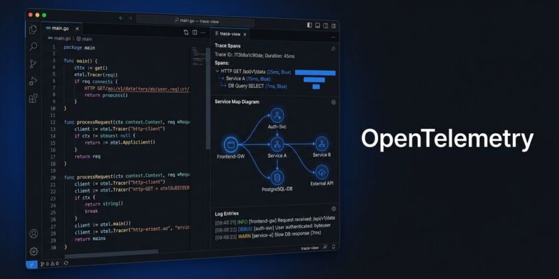 JetBrains IDE showing OpenTelemetry traces, logs, and service map in a dedicated tool window