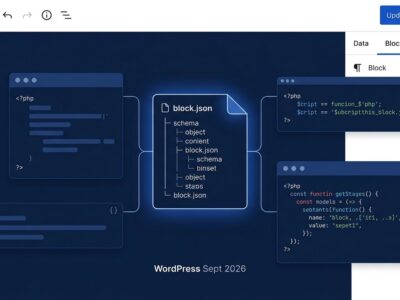 WordPress block editor interface showing block.json schema and PHP code blocks in blue and white ByteIota brand colors