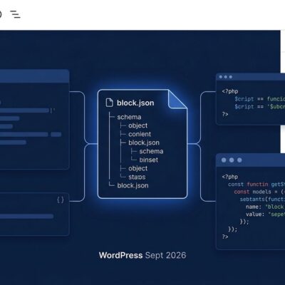 WordPress block editor interface showing block.json schema and PHP code blocks in blue and white ByteIota brand colors