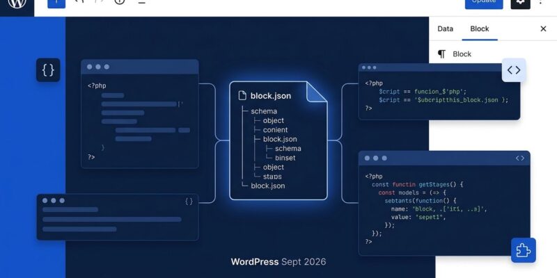 WordPress block editor interface showing block.json schema and PHP code blocks in blue and white ByteIota brand colors