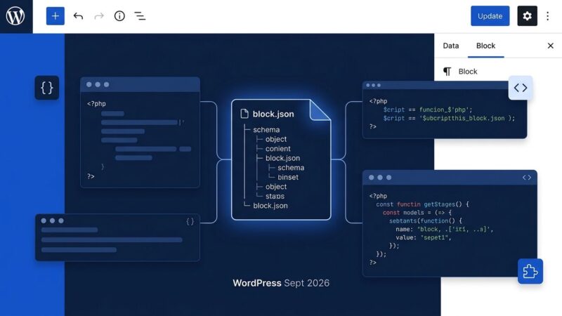 WordPress block editor interface showing block.json schema and PHP code blocks in blue and white ByteIota brand colors