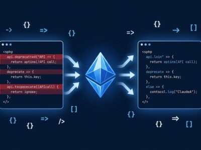 Claude Fable 5.1 API migration concept showing code transformation with blue Anthropic diamond icon