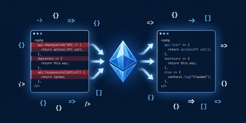 Claude Fable 5.1 API migration concept showing code transformation with blue Anthropic diamond icon