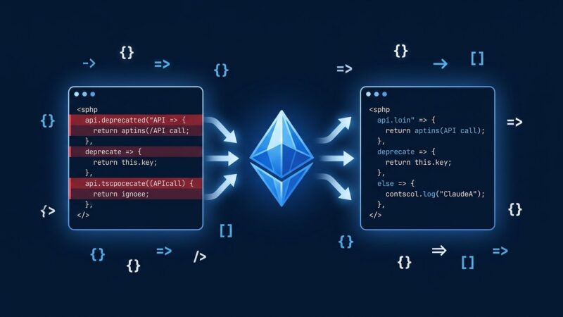 Claude Fable 5.1 API migration concept showing code transformation with blue Anthropic diamond icon