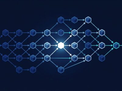 Abstract network graph representing Rust trait resolution and type inference with blue and white nodes on dark navy background