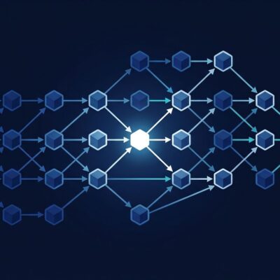 Abstract network graph representing Rust trait resolution and type inference with blue and white nodes on dark navy background