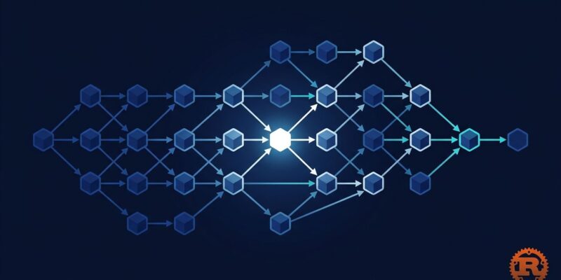 Abstract network graph representing Rust trait resolution and type inference with blue and white nodes on dark navy background