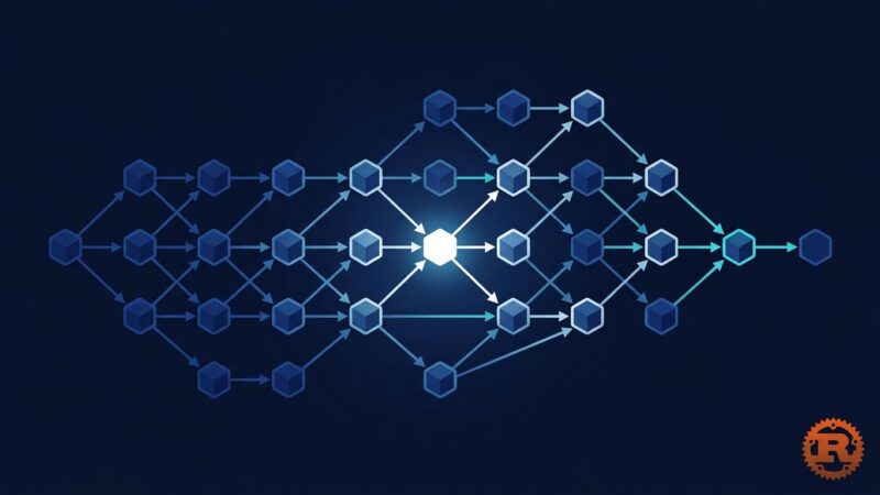 Abstract network graph representing Rust trait resolution and type inference with blue and white nodes on dark navy background