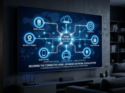 LG smart TV displaying network security visualization showing connected home devices being enumerated