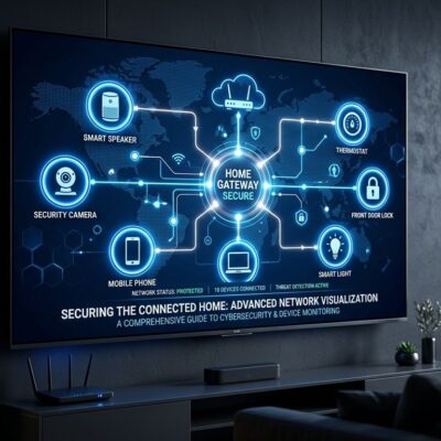 LG smart TV displaying network security visualization showing connected home devices being enumerated