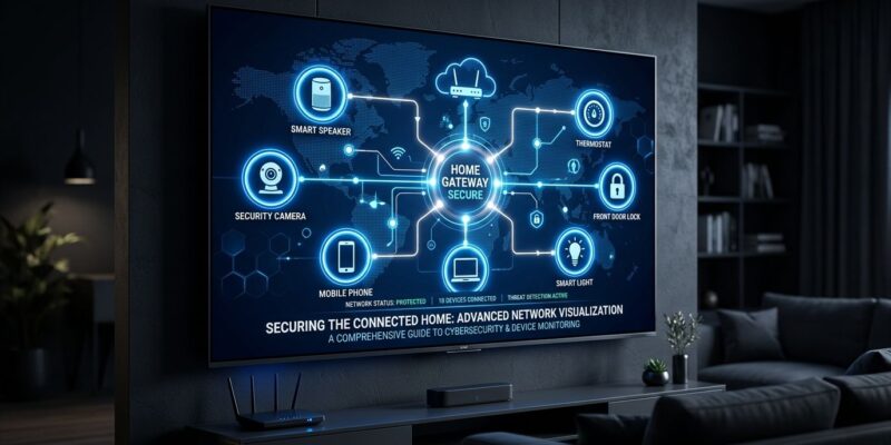 LG smart TV displaying network security visualization showing connected home devices being enumerated