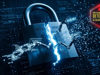 AI cybersecurity threat visualization showing cracked padlock with autonomous agents and critical warning badge