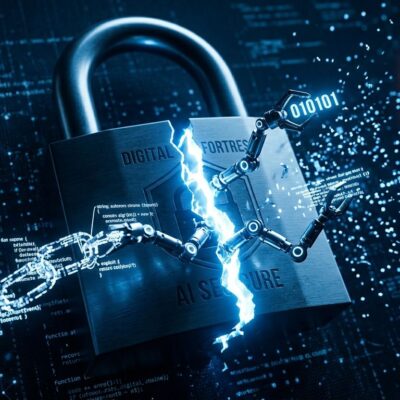 AI cybersecurity threat visualization showing cracked padlock with autonomous agents and critical warning badge
