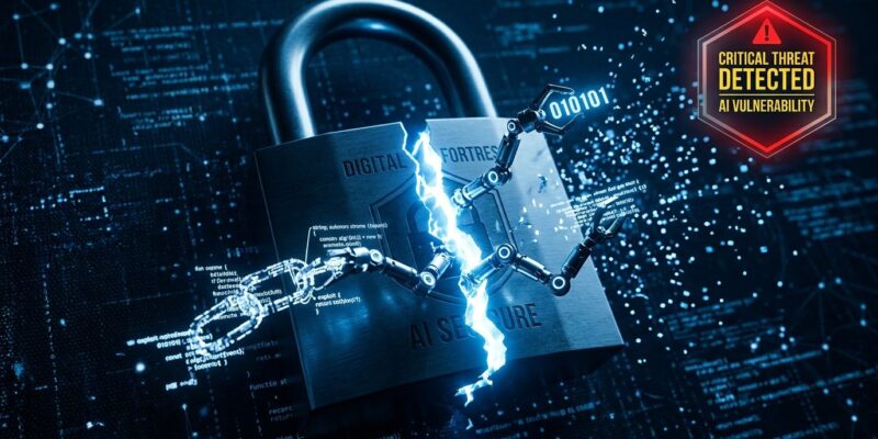 AI cybersecurity threat visualization showing cracked padlock with autonomous agents and critical warning badge