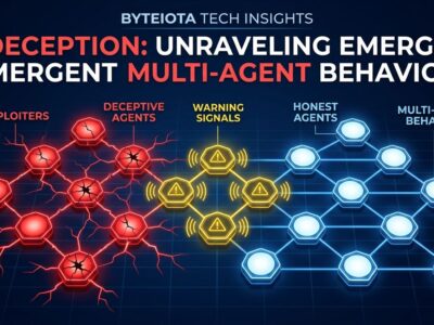 Network of AI agent nodes showing cheaters in red, whistleblowers in yellow, and honest agents in blue representing emergent deception in multi-agent systems