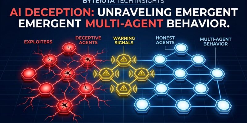 Network of AI agent nodes showing cheaters in red, whistleblowers in yellow, and honest agents in blue representing emergent deception in multi-agent systems