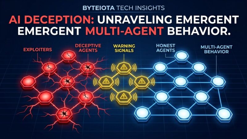 Network of AI agent nodes showing cheaters in red, whistleblowers in yellow, and honest agents in blue representing emergent deception in multi-agent systems