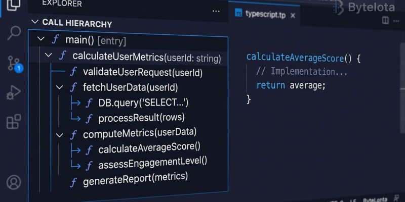 Zed editor 1.19 showing call hierarchy navigation tree panel with function call tree structure and Git Panel multi-select