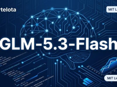 GLM-5.3-Flash architecture visualization showing neural network patterns in blue and white ByteIota brand colors