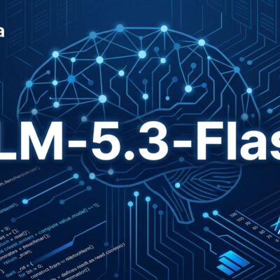 GLM-5.3-Flash architecture visualization showing neural network patterns in blue and white ByteIota brand colors